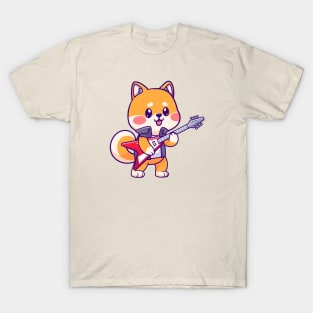 Cute Shiba Inu Playing Electric Guitar Cartoon T-Shirt